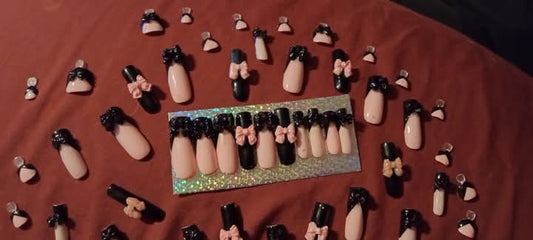 XL square black and pink french tips with bows