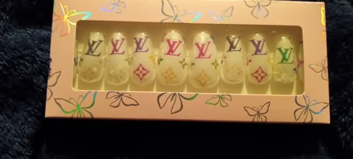 M coffin white and multicolor LV nails