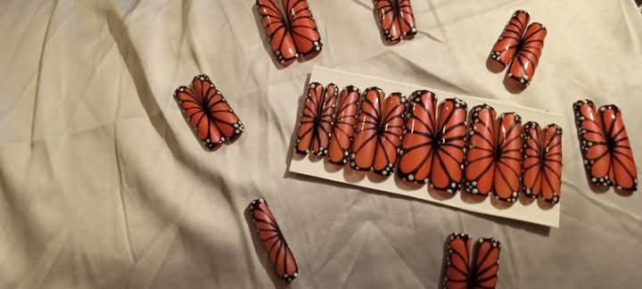 XL square black and orange butterfly nails