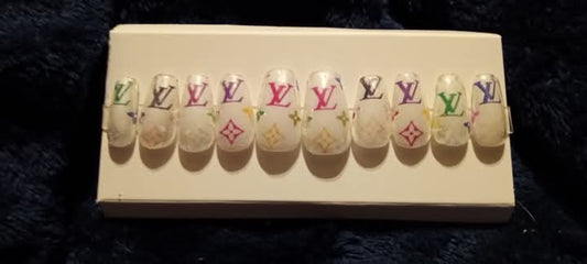 M coffin white and multicolor LV nails